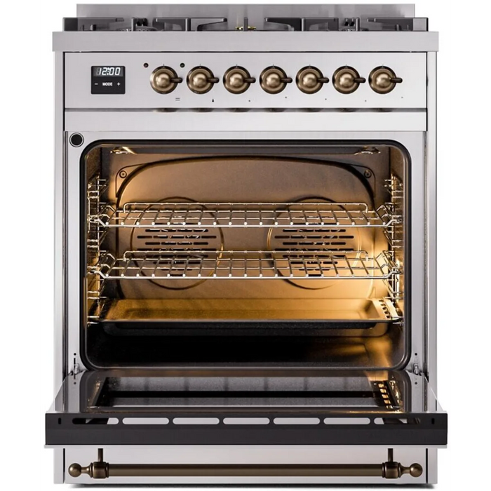 Ilve Nostalgie II Collection UP30NMPSSB 30 Inch Freestanding Dual Fuel Range with 5 Sealed Burners, 4 cu. ft. Oven Capacity, Storage Drawer, and Quick Start: Stainless Steel, Burnished Trim - NG