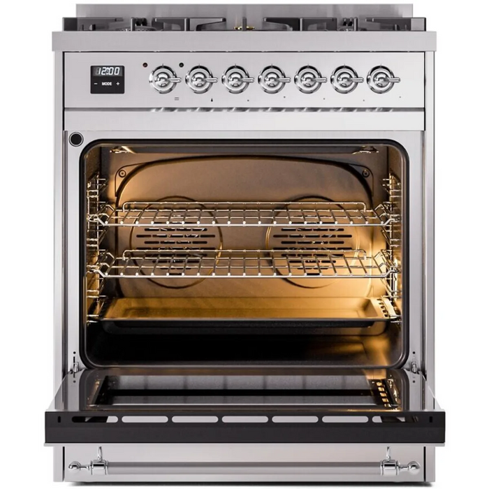 Ilve Nostalgie II Collection UP30NMPSSC 30 Inch Freestanding Dual Fuel Range with 5 Sealed Burners, 4 cu. ft. Oven Capacity, Storage Drawer, and Quick Start: Stainless Steel, Chrome Trim - NG