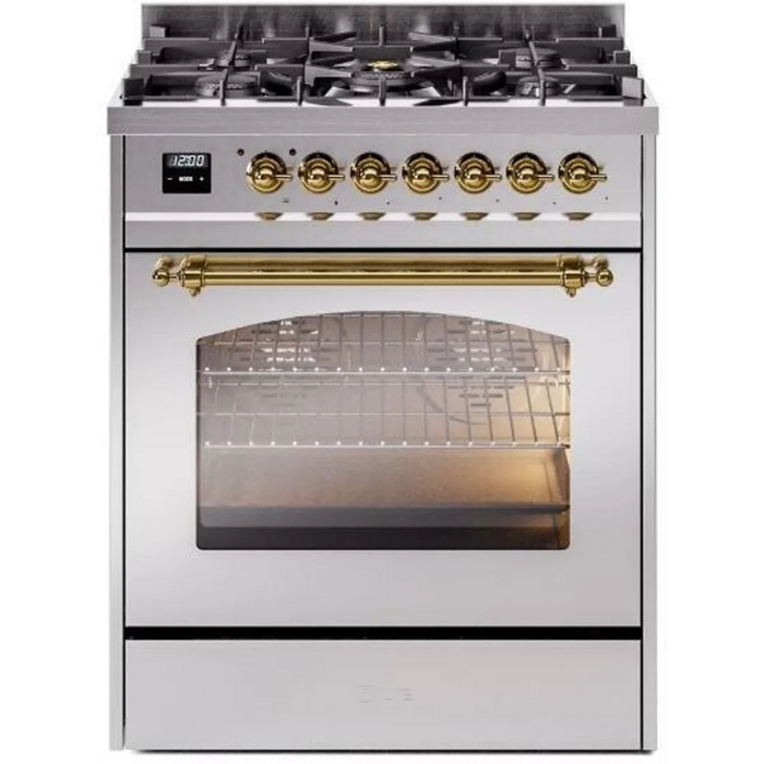 Ilve Nostalgie II Collection UP30NMPSSG 30 Inch Freestanding Dual Fuel Range with 5 Sealed Burners, 4 cu. ft. Oven Capacity, Storage Drawer, and Quick Start: Stainless Steel, Brass Trim - NG