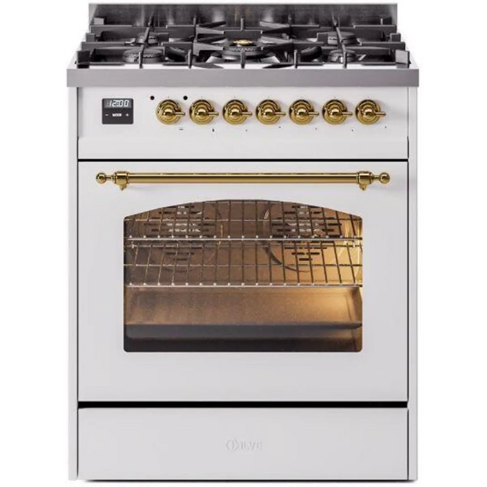 Ilve Nostalgie II Collection UP30NMPWHG 30 Inch Freestanding Dual Fuel Range with 5 Sealed Burners, 4 cu. ft. Oven Capacity, Storage Drawer, and Quick Start: White, Brass Trim - NG