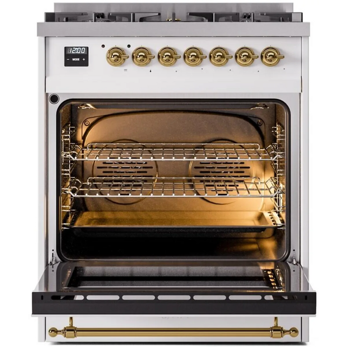 Ilve Nostalgie II Collection UP30NMPWHG 30 Inch Freestanding Dual Fuel Range with 5 Sealed Burners, 4 cu. ft. Oven Capacity, Storage Drawer, and Quick Start: White, Brass Trim - NG