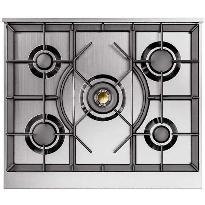 Ilve Nostalgie II Collection UP30NMPSSC 30 Inch Freestanding Dual Fuel Range with 5 Sealed Burners, 4 cu. ft. Oven Capacity, Storage Drawer, and Quick Start: Stainless Steel, Chrome Trim - NG