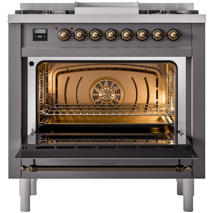 Ilve Nostalgie II Collection UP36FNMPMGB 36 Inch Freestanding Dual Fuel Range with 6 Sealed Burners, 3.5 cu. ft. Oven Capacity, Storage Drawer, Quick Start, Soft Closing Door and Griddle: Matte Graphite, Burnished Trim