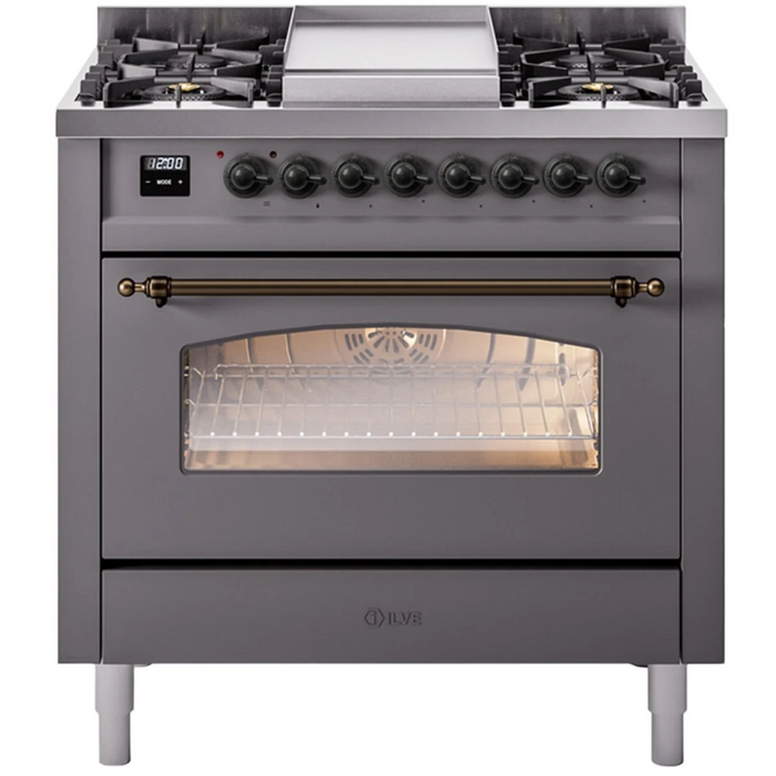 Ilve Nostalgie II Collection UP36FNMPMGB 36 Inch Freestanding Dual Fuel Range with 6 Sealed Burners, 3.5 cu. ft. Oven Capacity, Storage Drawer, Quick Start, Soft Closing Door and Griddle: Matte Graphite, Burnished Trim