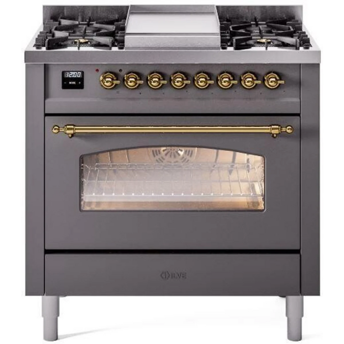 Ilve Nostalgie II Collection UP36FNMPMGG 36 Inch Freestanding Dual Fuel Range with 6 Sealed Burners, 3.5 cu. ft. Oven Capacity, Storage Drawer, Quick Start, Soft Closing Door and Griddle: Matte Graphite, Brass Trim