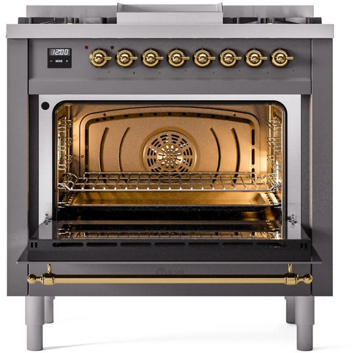 Ilve Nostalgie II Collection UP36FNMPMGG 36 Inch Freestanding Dual Fuel Range with 6 Sealed Burners, 3.5 cu. ft. Oven Capacity, Storage Drawer, Quick Start, Soft Closing Door and Griddle: Matte Graphite, Brass Trim