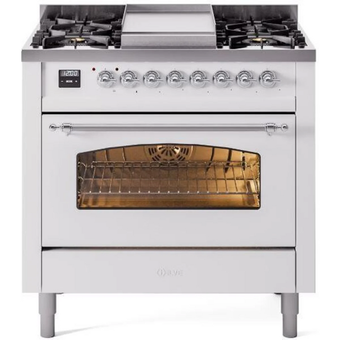 Ilve Nostalgie II Collection UP36FNMPWHC 36 Inch Freestanding Dual Fuel Range with 6 Sealed Burners, 3.5 cu. ft. Oven Capacity, Storage Drawer, Quick Start, Soft Closing Door and Griddle: White, Chrome Trim