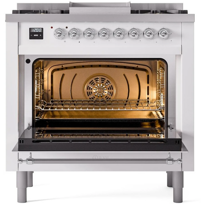 Ilve Nostalgie II Collection UP36FNMPWHC 36 Inch Freestanding Dual Fuel Range with 6 Sealed Burners, 3.5 cu. ft. Oven Capacity, Storage Drawer, Quick Start, Soft Closing Door and Griddle: White, Chrome Trim