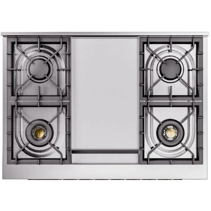 Ilve Nostalgie II Collection UP36FNMPMGG 36 Inch Freestanding Dual Fuel Range with 6 Sealed Burners, 3.5 cu. ft. Oven Capacity, Storage Drawer, Quick Start, Soft Closing Door and Griddle: Matte Graphite, Brass Trim