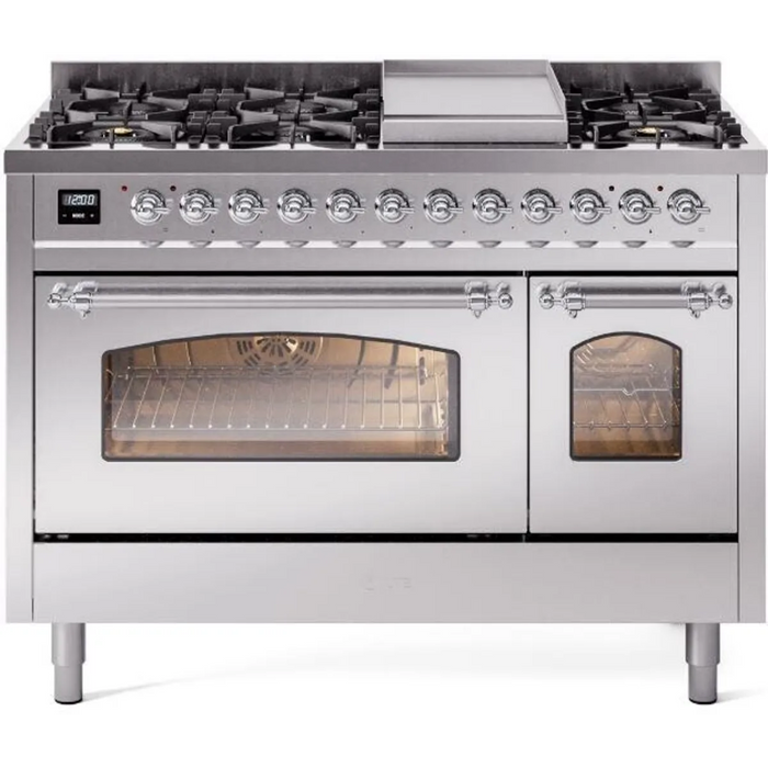 Ilve Nostalgie II Collection UP48FNMPSSC 48 Inch Freestanding Dual Fuel Range with 8 Sealed Burners, 5.02 cu. ft. Total Capacity, Storage Drawer, and Griddle: Stainless Steel, Chrome Trim