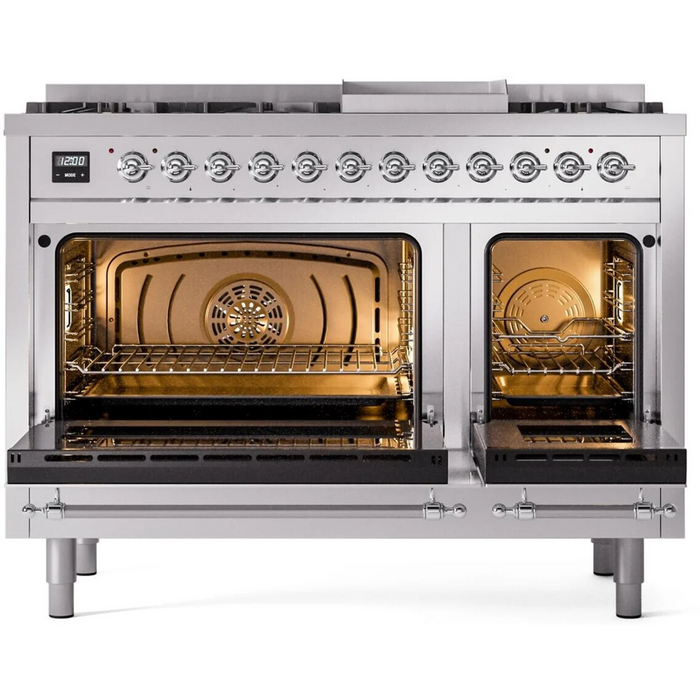 Ilve Nostalgie II Collection UP48FNMPSSC 48 Inch Freestanding Dual Fuel Range with 8 Sealed Burners, 5.02 cu. ft. Total Capacity, Storage Drawer, and Griddle: Stainless Steel, Chrome Trim