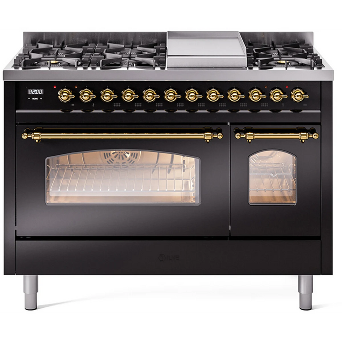Ilve Nostalgie II Collection UP48FSNMPBKG 48 Inch Freestanding Dual Fuel Range with 5 Sealed Burners, 5.02 cu. ft. Total Capacity, Double Oven, Fry Top, Coup de Feu, Storage, 9 Oven Functions, Soft Closing Doors, Cast Iron Grates: Glossy Black, Brass Trim