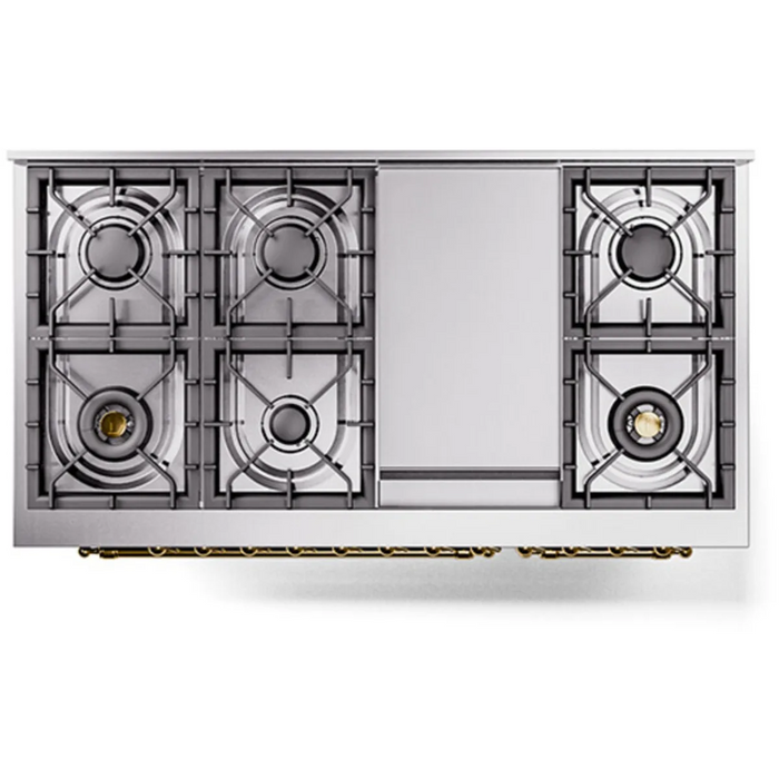 Ilve Nostalgie II Collection UP48FSNMPBKG 48 Inch Freestanding Dual Fuel Range with 5 Sealed Burners, 5.02 cu. ft. Total Capacity, Double Oven, Fry Top, Coup de Feu, Storage, 9 Oven Functions, Soft Closing Doors, Cast Iron Grates: Glossy Black, Brass Trim
