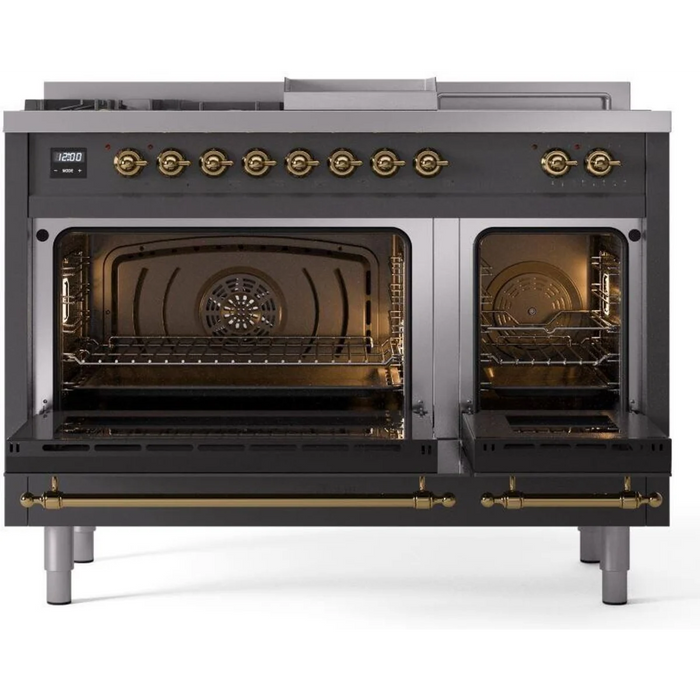 Ilve Nostalgie II Collection UP48FSNMPMGG 48 Inch Freestanding Dual Fuel Range with 5 Sealed Burners, 5.02 cu. ft. Total Capacity, Double Oven, Fry Top, Coup de Feu, Storage, 9 Oven Functions, Soft Closing Doors: Graphite Matte, Brass Trim