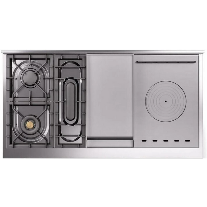 Ilve Nostalgie II Collection UP48FSNMPMGG 48 Inch Freestanding Dual Fuel Range with 5 Sealed Burners, 5.02 cu. ft. Total Capacity, Double Oven, Fry Top, Coup de Feu, Storage, 9 Oven Functions, Soft Closing Doors: Graphite Matte, Brass Trim