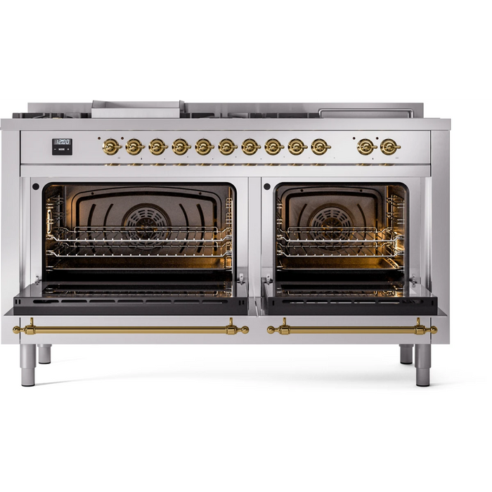 Ilve Nostalgie II Collection UP60FSNMPSSG 60 Inch Freestanding Dual Fuel Range with 7 Sealed Burners, 5.8 cu. ft. Total Capacity, Storage Drawer, Griddle, and French Top: Stainless Steel, Brass Trim, Triple Glass Door