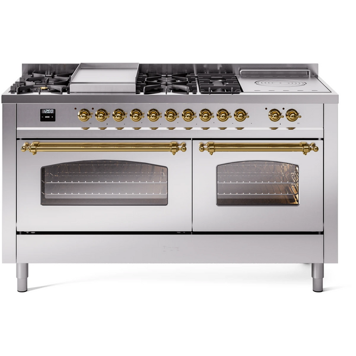 Ilve Nostalgie II Collection UP60FSNMPSSG 60 Inch Freestanding Dual Fuel Range with 7 Sealed Burners, 5.8 cu. ft. Total Capacity, Storage Drawer, Griddle, and French Top: Stainless Steel, Brass Trim, Triple Glass Door