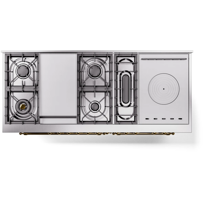 Ilve Nostalgie II Collection UP60FSNMPSSG 60 Inch Freestanding Dual Fuel Range with 7 Sealed Burners, 5.8 cu. ft. Total Capacity, Storage Drawer, Griddle, and French Top: Stainless Steel, Brass Trim, Triple Glass Door