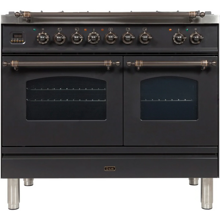 Ilve Nostalgie Collection UPDN100FDMPMYLP 40 Inch Freestanding Dual Fuel Range with 5 Sealed Burners, 3.98 cu. ft. Total Capacity, Storage Drawer, and Griddle: Matte Graphite/Bronze Trim - LP