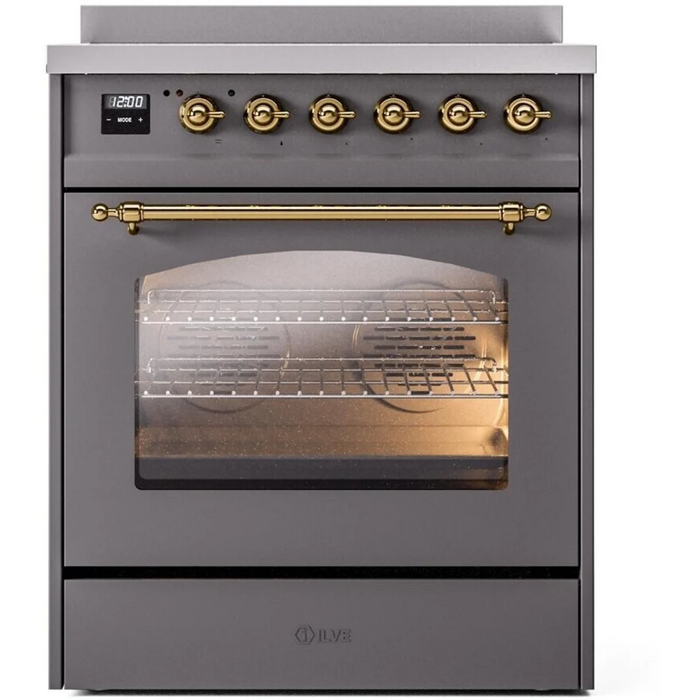 Ilve Nostalgie II Collection UPI304NMPMGG 30 Inch Freestanding Induction Range with 4 Elements, 4 Cu. Ft. Oven Capacity, Convection, Residual Heat Indicator, Booster Function, Storage Drawer, Fast Pre-Heat Mode, Matte Graphite with Brass Trim