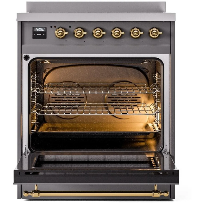 Ilve Nostalgie II Collection UPI304NMPMGG 30 Inch Freestanding Induction Range with 4 Elements, 4 Cu. Ft. Oven Capacity, Convection, Residual Heat Indicator, Booster Function, Storage Drawer, Fast Pre-Heat Mode, Matte Graphite with Brass Trim