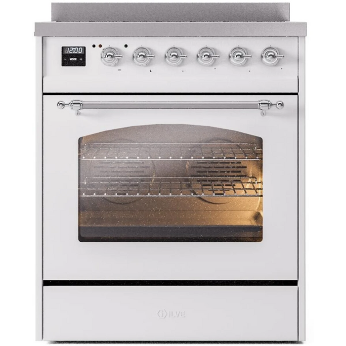 Ilve Nostalgie II Collection UPI304NMPWHC 30 Inch Freestanding Induction Range with 4 Elements, 4 Cu. Ft. Oven Capacity, Convection, Residual Heat Indicator, Booster Function, Storage Drawer, Fast Pre-Heat Mode, Defrost Function, White with Chrome Trim