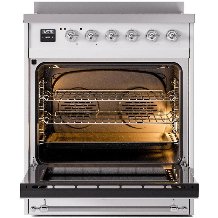 Ilve Nostalgie II Collection UPI304NMPWHC 30 Inch Freestanding Induction Range with 4 Elements, 4 Cu. Ft. Oven Capacity, Convection, Residual Heat Indicator, Booster Function, Storage Drawer, Fast Pre-Heat Mode, Defrost Function, White with Chrome Trim