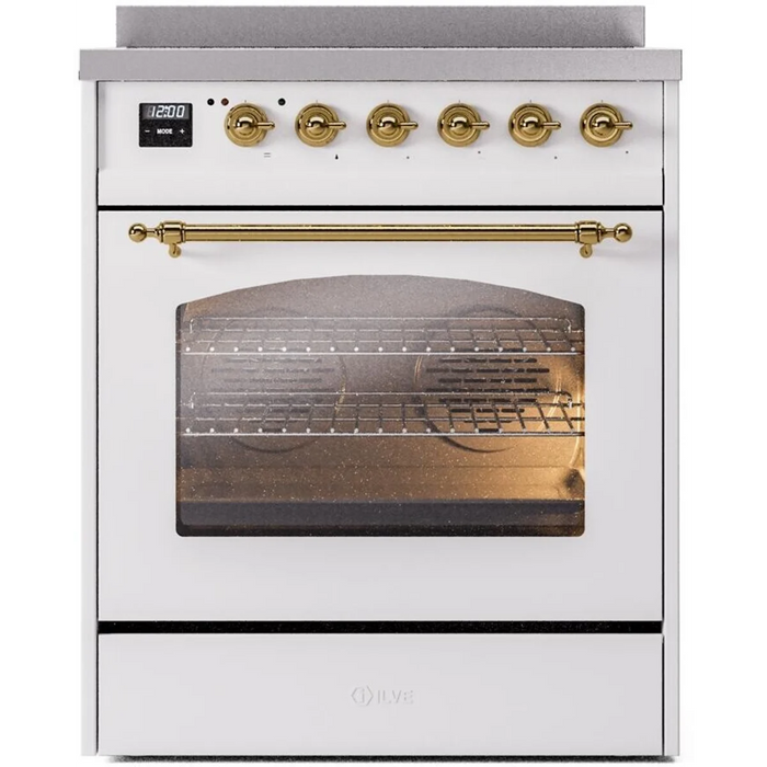 Ilve Nostalgie II Collection UPI304NMPWHG 30 Inch Freestanding Induction Range with 4 Elements, 4 Cu. Ft. Oven Capacity, Convection, Residual Heat Indicator, Booster Function, Storage Drawer, Fast Pre-Heat Mode, Defrost Function, White with Brass Trim