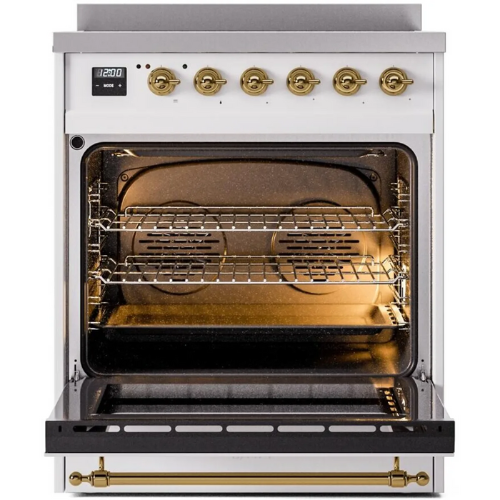 Ilve Nostalgie II Collection UPI304NMPWHG 30 Inch Freestanding Induction Range with 4 Elements, 4 Cu. Ft. Oven Capacity, Convection, Residual Heat Indicator, Booster Function, Storage Drawer, Fast Pre-Heat Mode, Defrost Function, White with Brass Trim